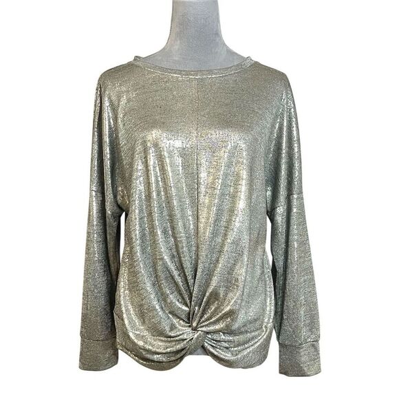 Fourteenth Place Women's Gold Twist-Front Long Sleeve Blouse Top L Party Stretch - Picture 1 of 11